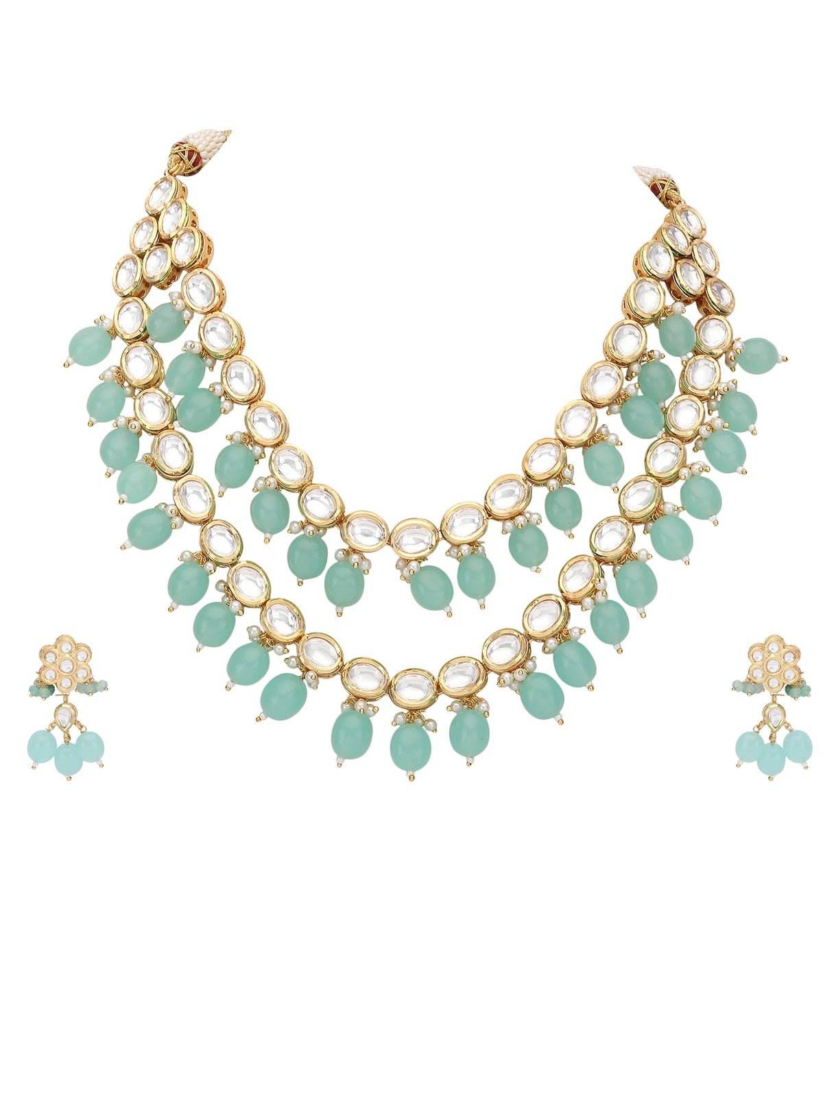 Elegant Kundan Necklace Set with Aqua Blue Beads - Auraa Trends