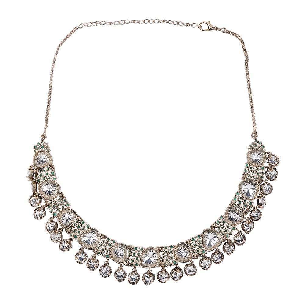 Elegant Kundan Polki Necklace Set with Emerald Accents - Auraa Trends