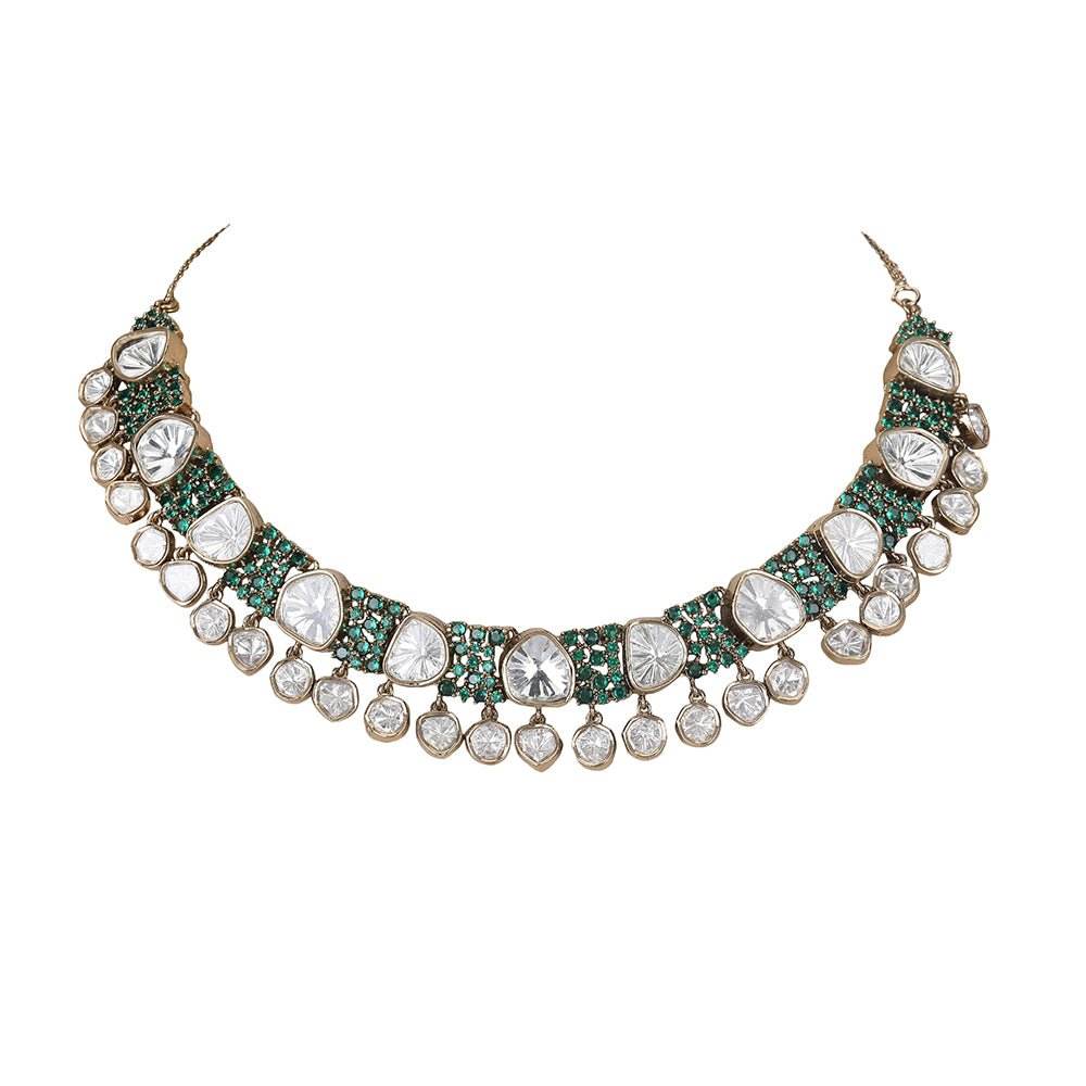 Elegant Kundan Polki Necklace Set with Emerald Accents - Auraa Trends