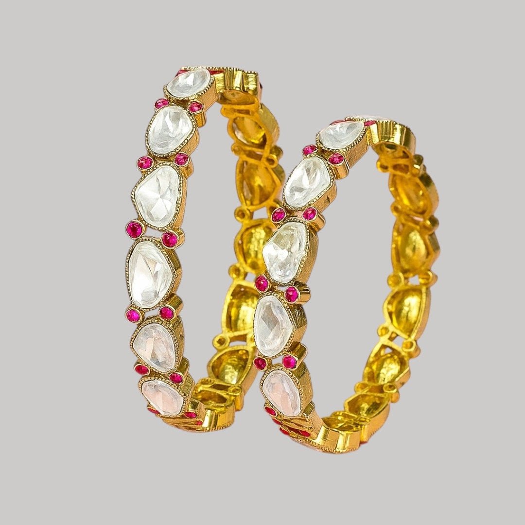 Elegant Kundan Stone & Pink Crystal Gold - Plated Bangles - Auraa Trends - Bangles - - Auraa Trends - Gold - plated bangles with pear - shaped white Kundan stones and pink crystal detailing
