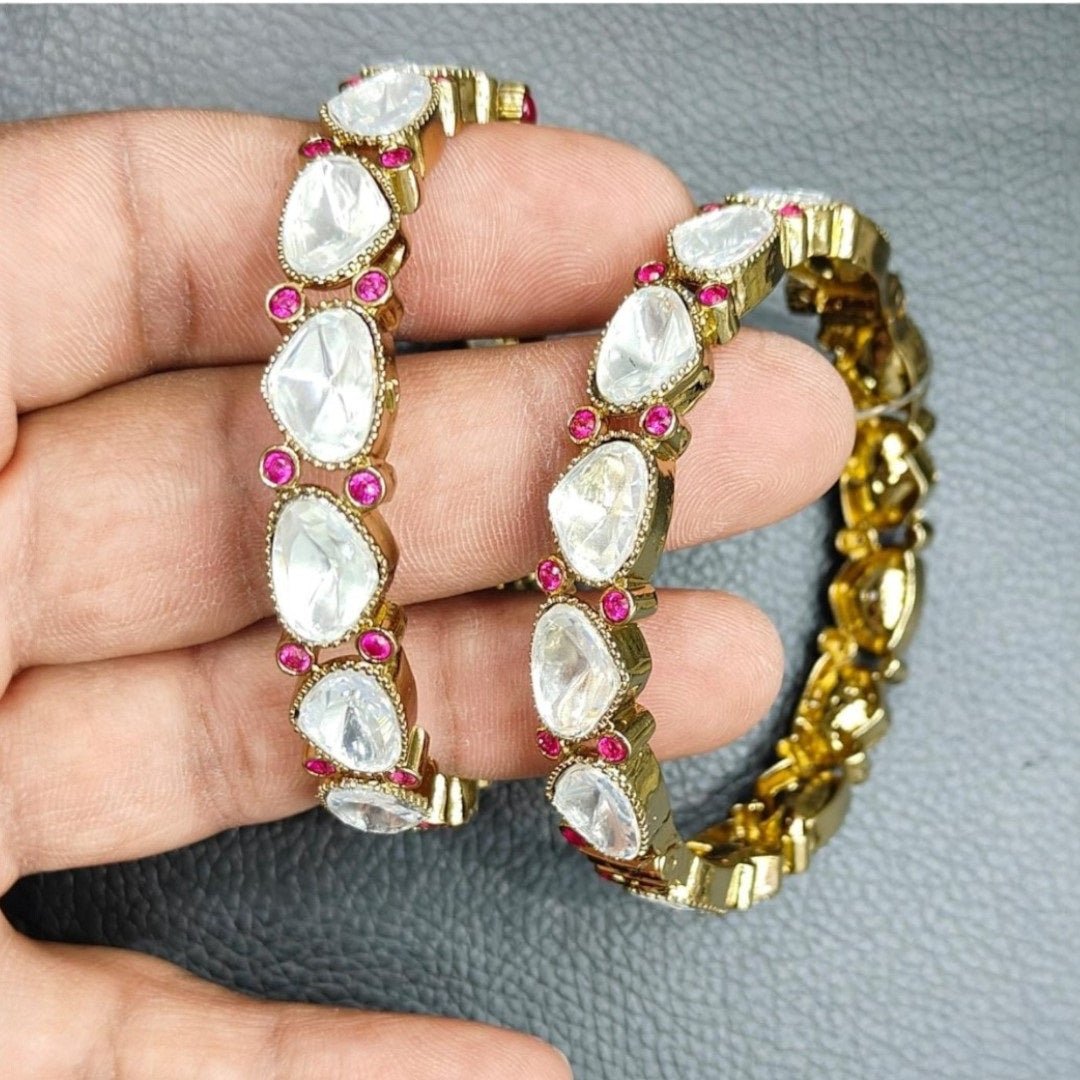 Elegant Kundan Stone & Pink Crystal Gold - Plated Bangles - Auraa Trends - Bangles - - Auraa Trends - Gold - plated bangles with pear - shaped white Kundan stones and pink crystal detailing