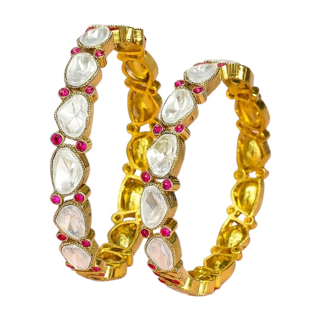 Elegant Kundan Stone & Pink Crystal Gold - Plated Bangles - Auraa Trends - Bangles - - Auraa Trends - Gold - plated bangles with pear - shaped white Kundan stones and pink crystal detailing