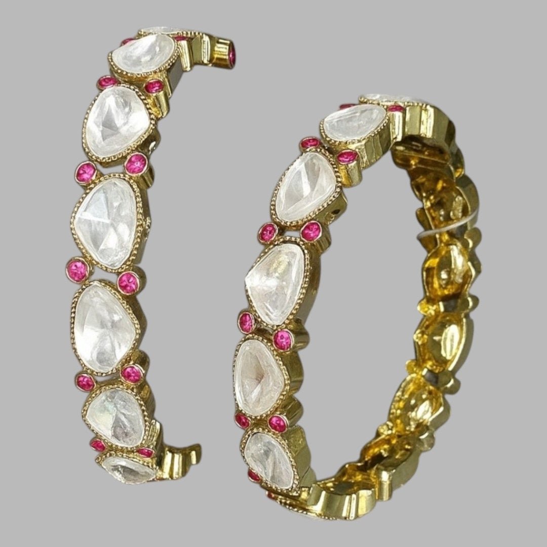 Elegant Kundan Stone & Pink Crystal Gold - Plated Bangles - Auraa Trends - Bangles - - Auraa Trends - Gold - plated bangles with pear - shaped white Kundan stones and pink crystal detailing