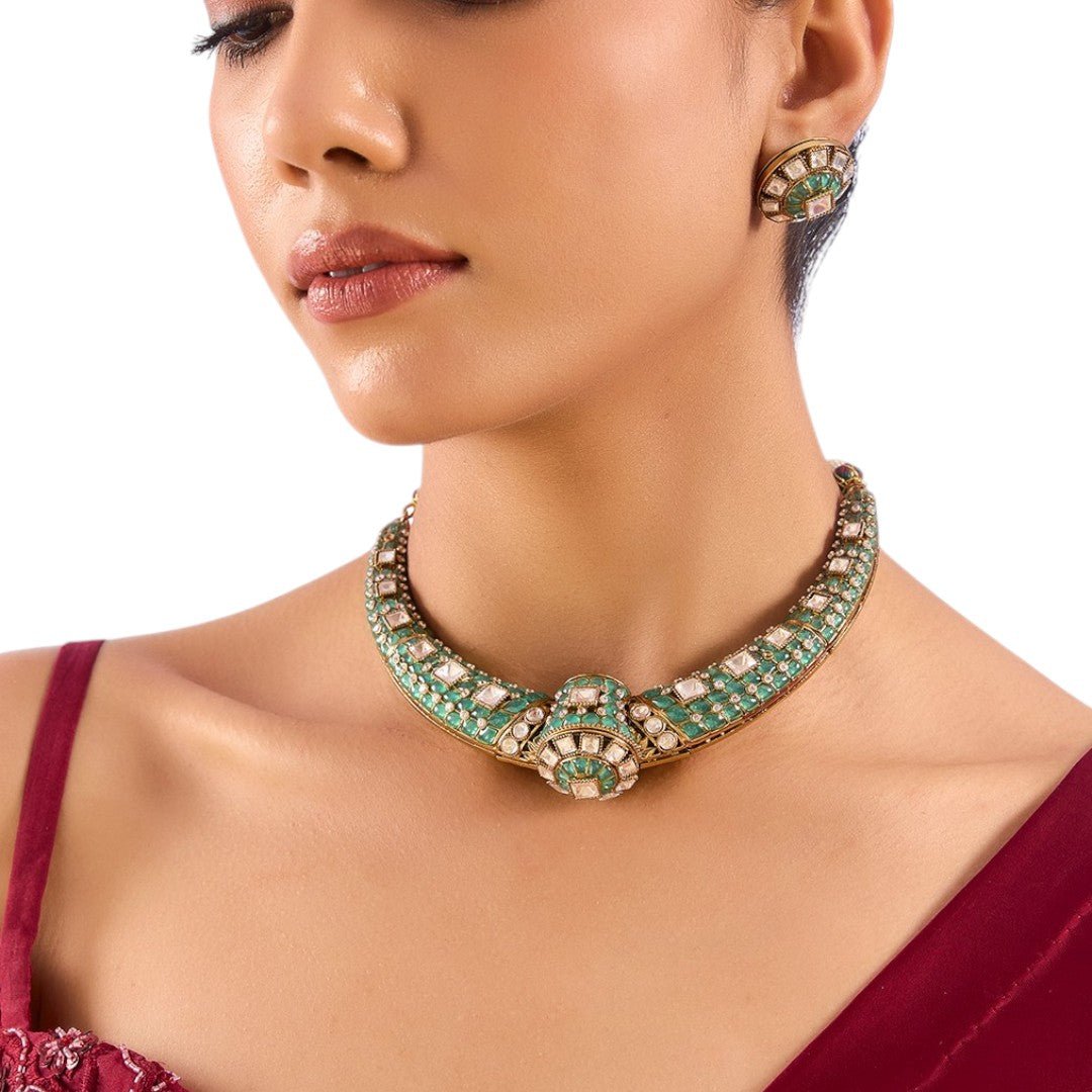 Elegant mint green and pearl choker necklace with earrings by Auraa Trends – bridal jewelry, festive wear, ships worldwide