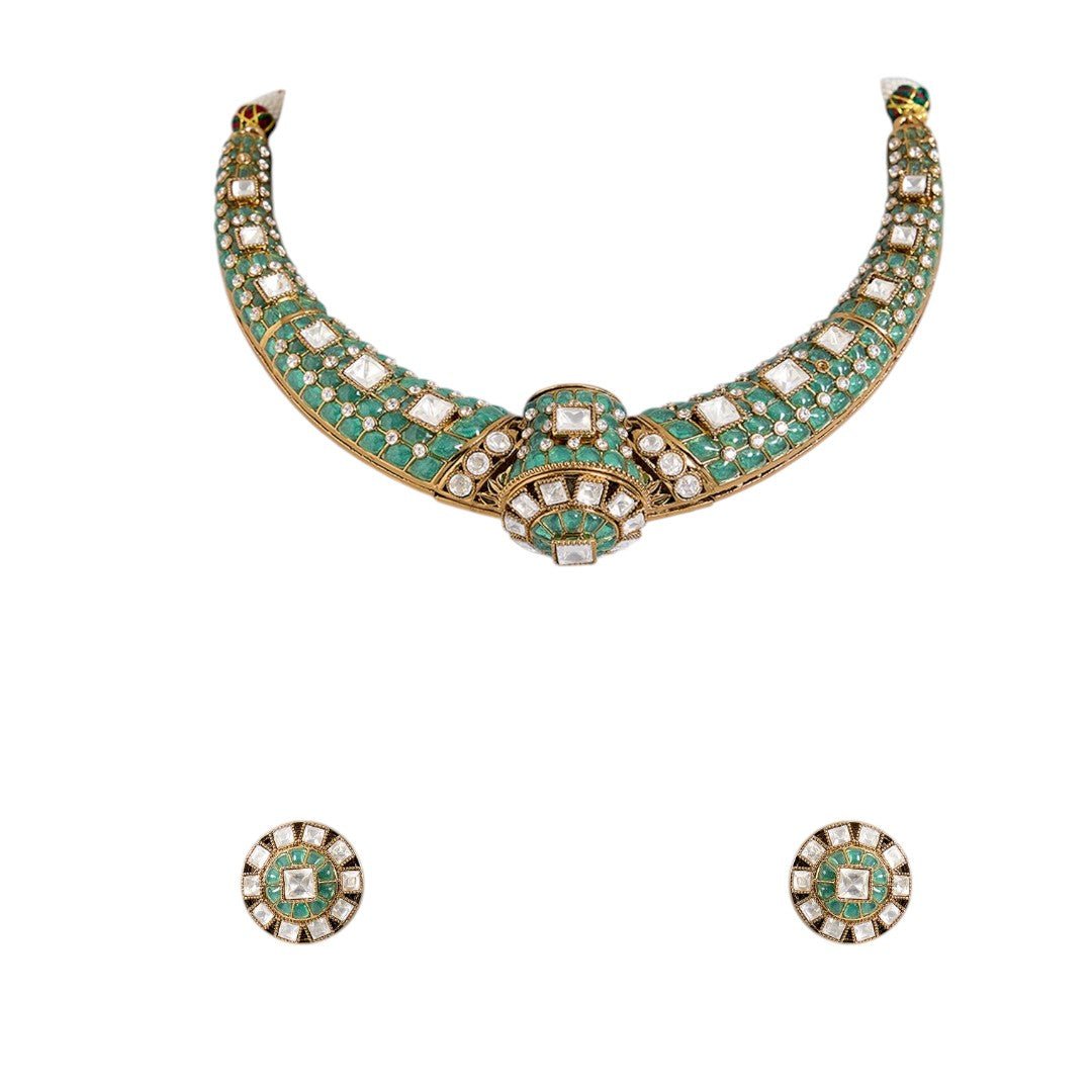 Elegant mint green and pearl choker with matching earrings by Auraa Trends – bridal jewelry, festive wear, ships worldwide