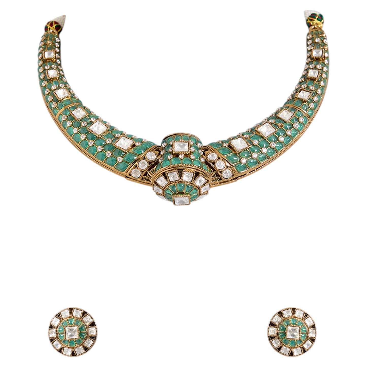 Elegant Mint Green Kundan Choker Necklace Set with Round Stud Earrings for Women - Auraa Trends - Necklace - - Auraa Trends - "Mint green kundan choker necklace set with white stones and round stud earrings on a white background" "Elegant Indian bridal choker set with pearls and gemstone detailing" "Mint green and gold traditional necklace for festive wear"