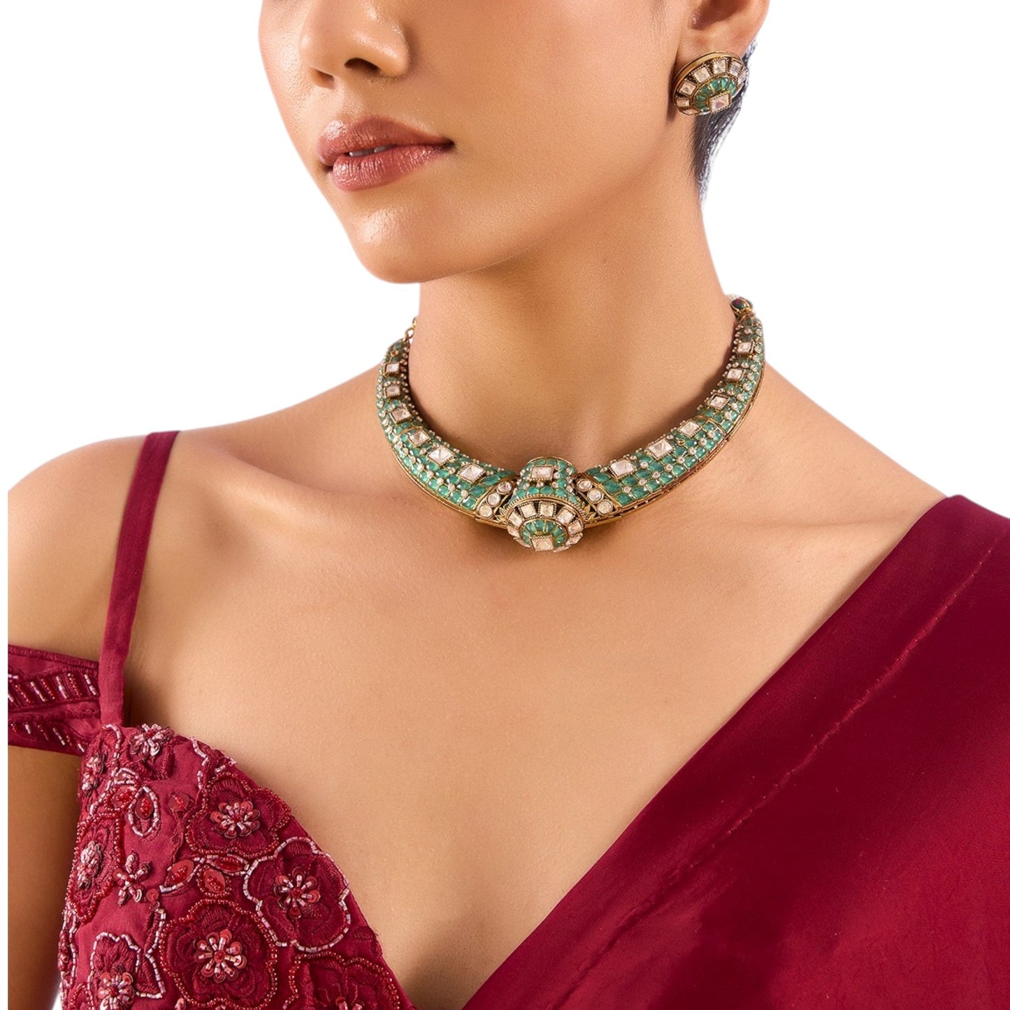 Elegant Mint Green Kundan Choker Necklace Set with Round Stud Earrings for Women - Auraa Trends - Necklace - - Auraa Trends - "Mint green kundan choker necklace set with white stones and round stud earrings on a white background" "Elegant Indian bridal choker set with pearls and gemstone detailing" "Mint green and gold traditional necklace for festive wear"