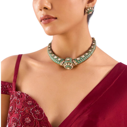 Elegant Mint Green Kundan Choker Necklace Set with Round Stud Earrings for Women - Auraa Trends