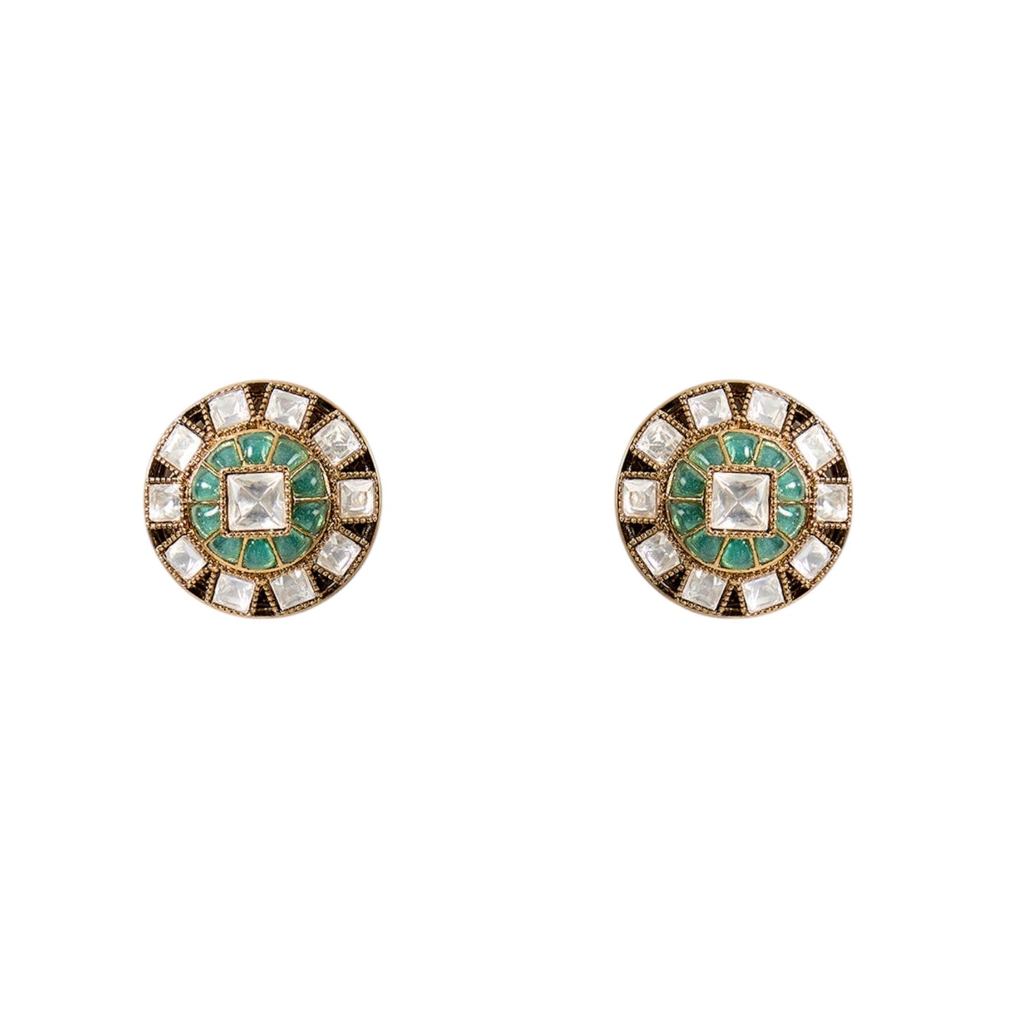 Elegant Mint Green Kundan Choker Necklace Set with Round Stud Earrings for Women - Auraa Trends - Necklace - - Auraa Trends - "Mint green kundan choker necklace set with white stones and round stud earrings on a white background" "Elegant Indian bridal choker set with pearls and gemstone detailing" "Mint green and gold traditional necklace for festive wear"