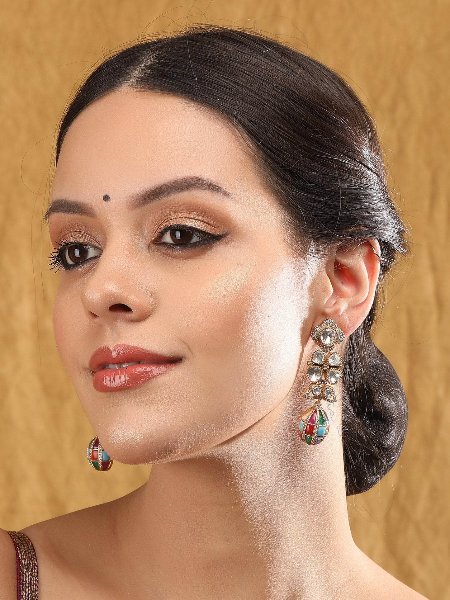 Elegant Moissanite Dangle Earrings with Colorful Enamel Detailing - Auraa Trends
