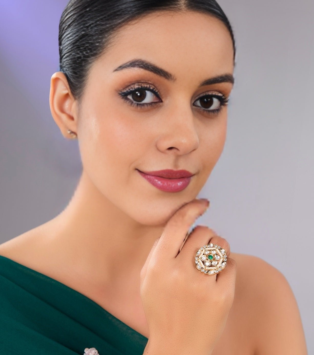 Elegant Pearl and Green Stone Cluster Ring - Auraa Trends - Rings - Elegant Pearl and Green Stone Cluster Ring