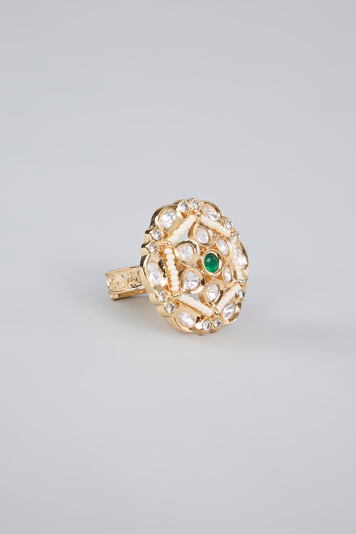 Elegant Pearl and Green Stone Cluster Ring - Auraa Trends - Rings - Elegant Pearl and Green Stone Cluster Ring