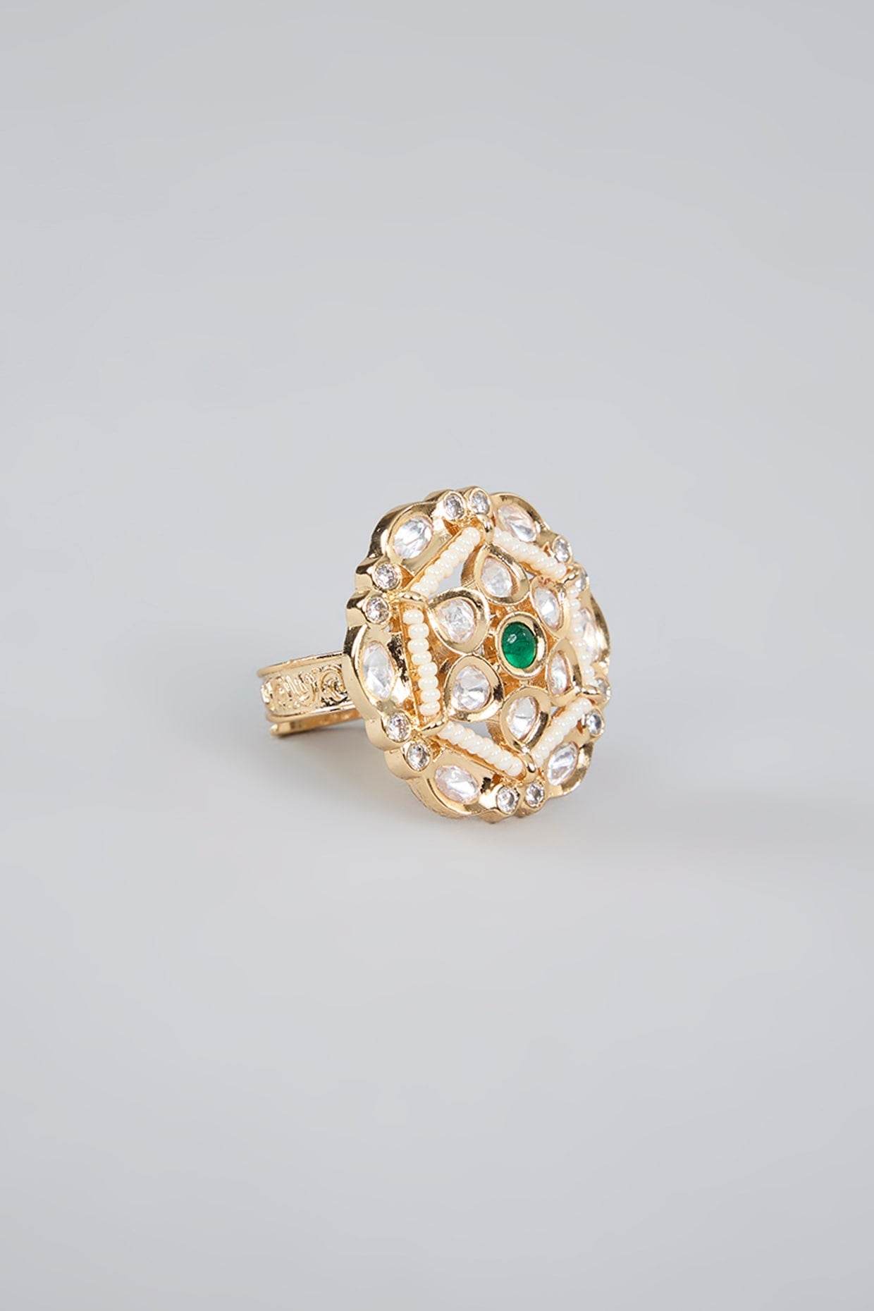 Elegant Pearl and Green Stone Cluster Ring - Auraa Trends