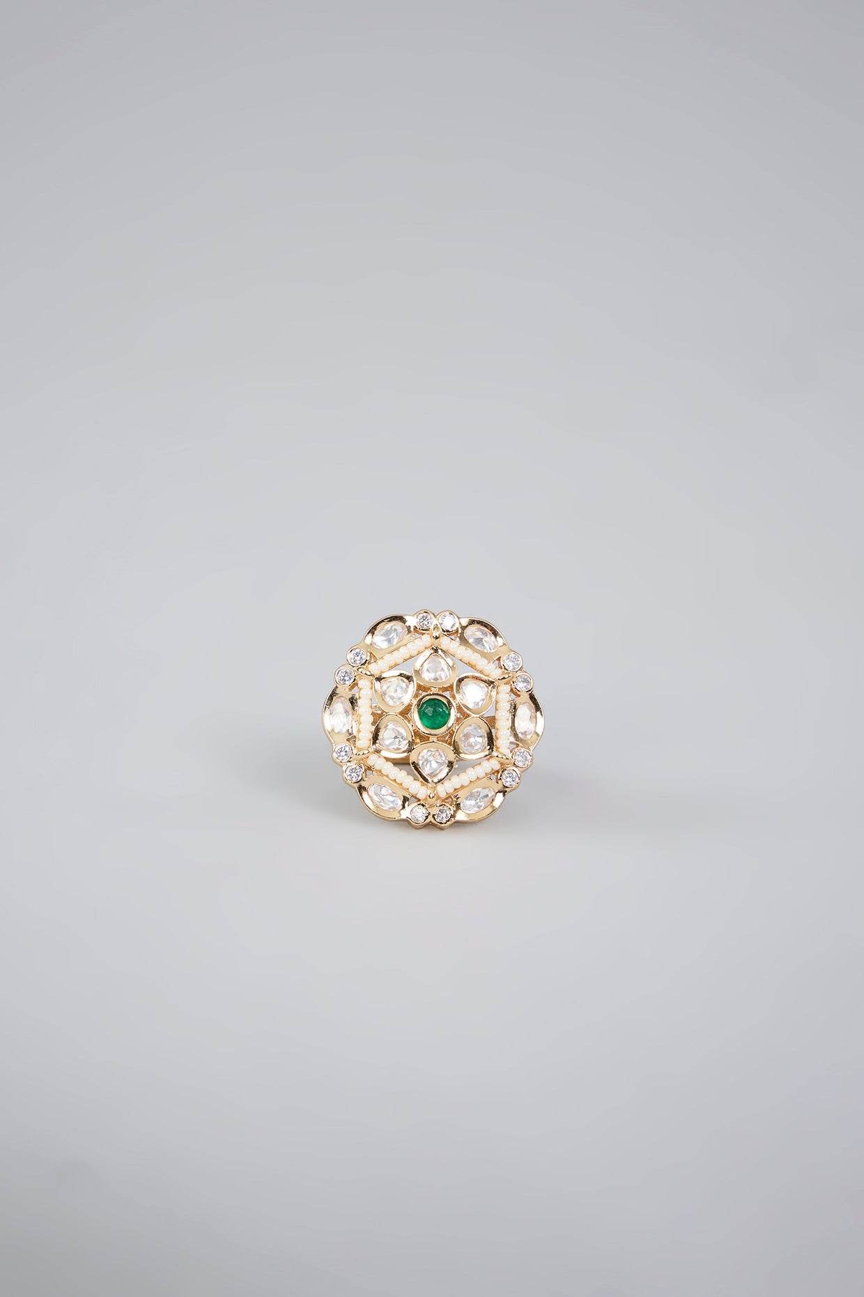 Elegant Pearl and Green Stone Cluster Ring - Auraa Trends
