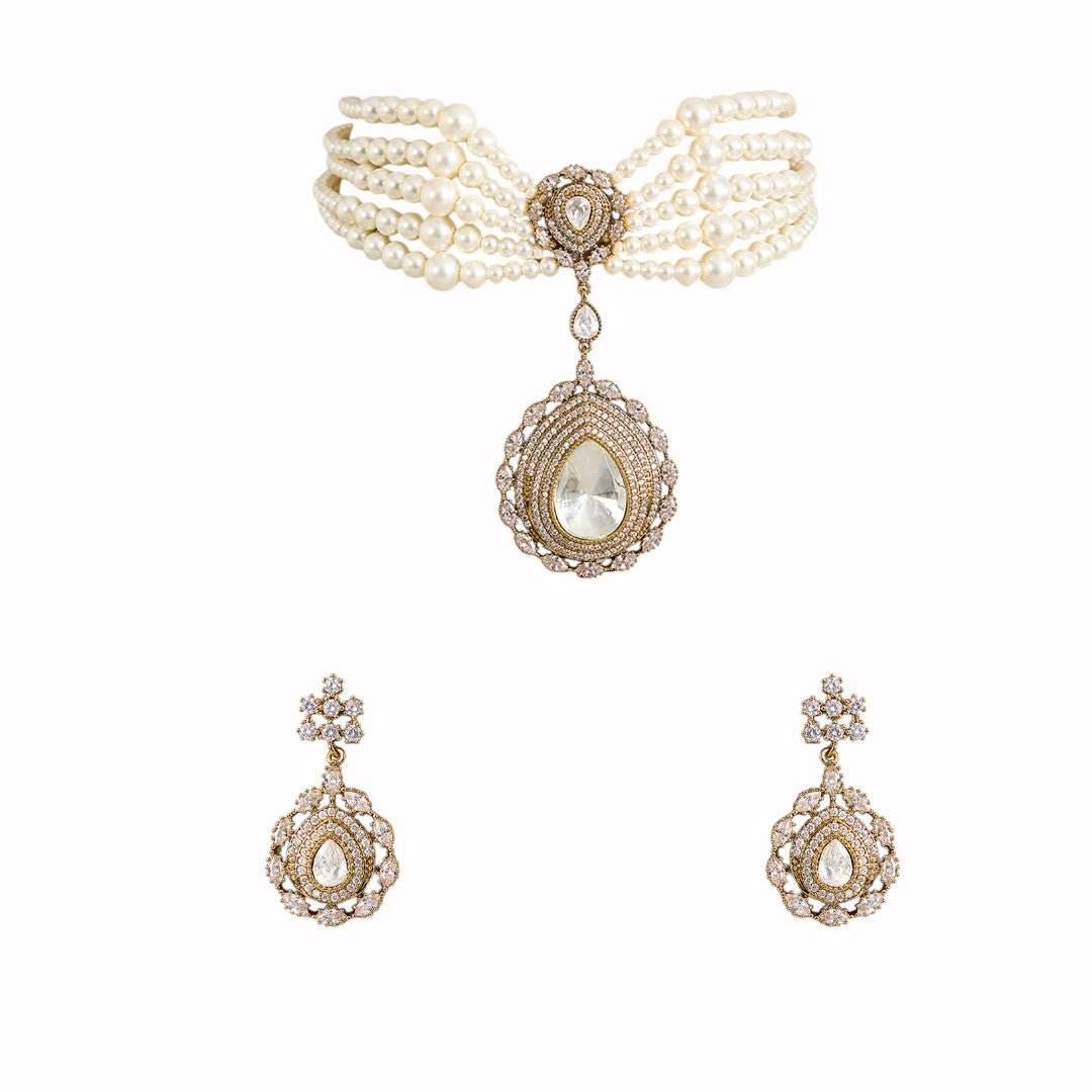 Elegant Pearl Choker Necklace with Teardrop Pendant and Matching Earrings for Weddings and Special Occasions - Auraa Trends