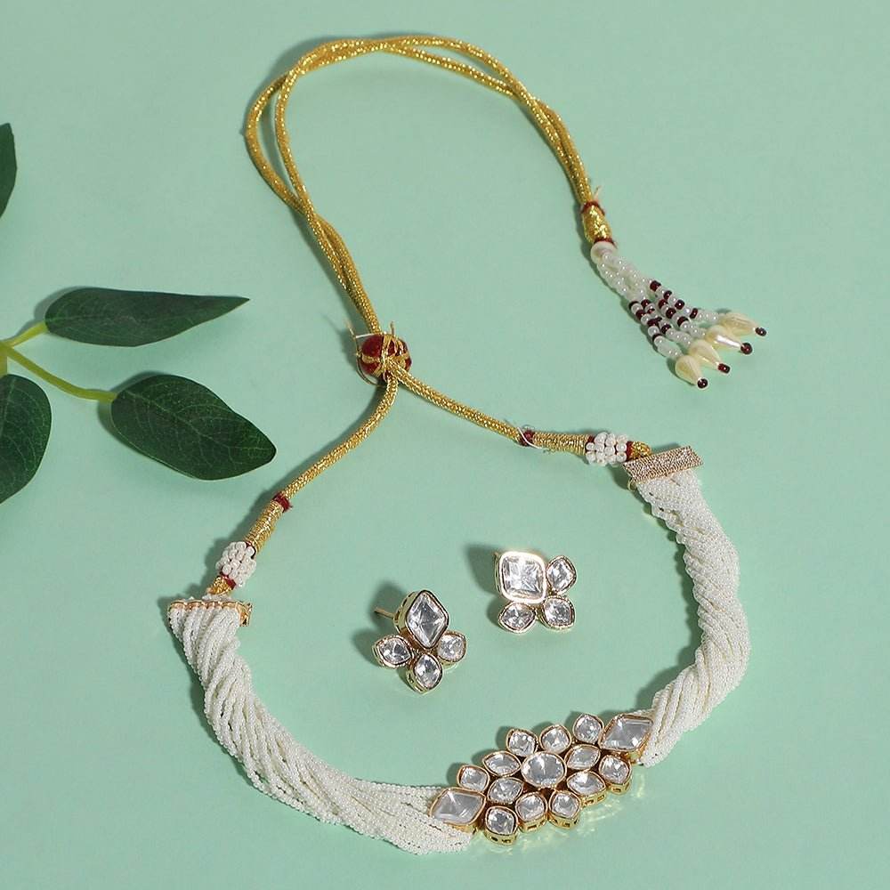 Elegant Pearl Choker Set with Diamond-Studded Accents - Auraa Trends