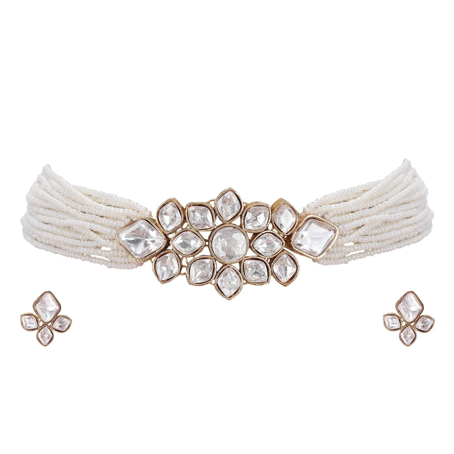 Elegant Pearl Choker Set with Diamond-Studded Accents - Auraa Trends