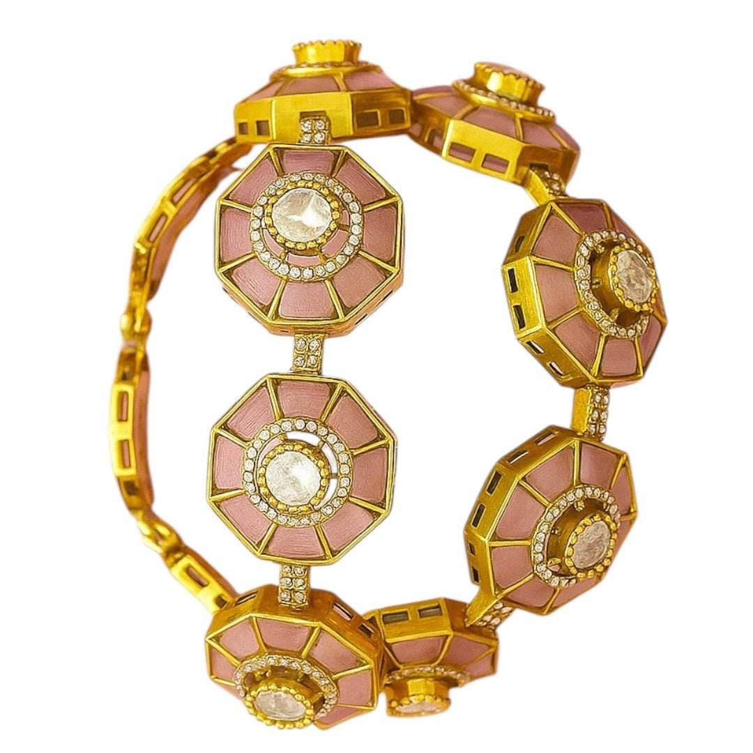 Elegant Pink Octagon Bangles with Kundan Stones & Gold-Plated Finish for Women - Auraa Trends