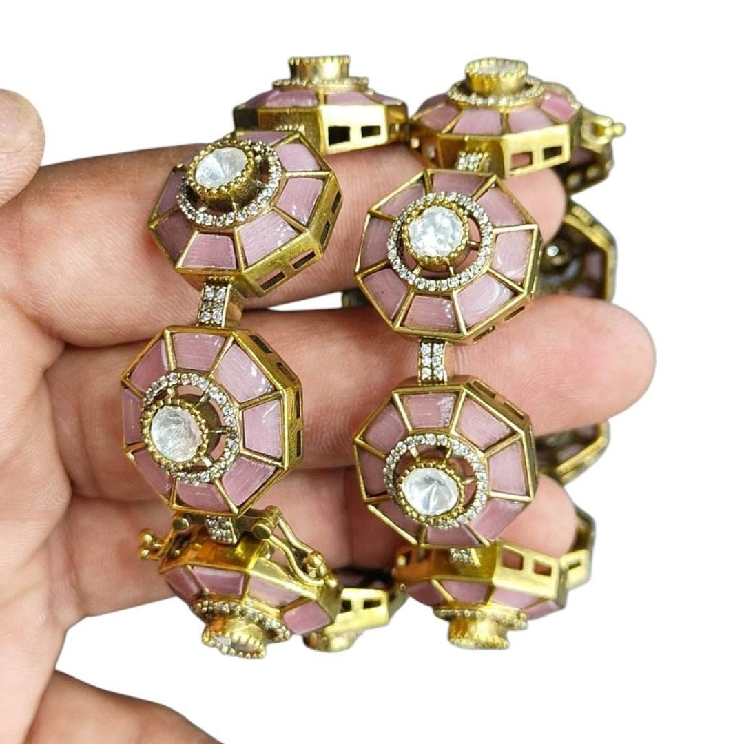 Elegant Pink Octagon Bangles with Kundan Stones & Gold-Plated Finish for Women - Auraa Trends