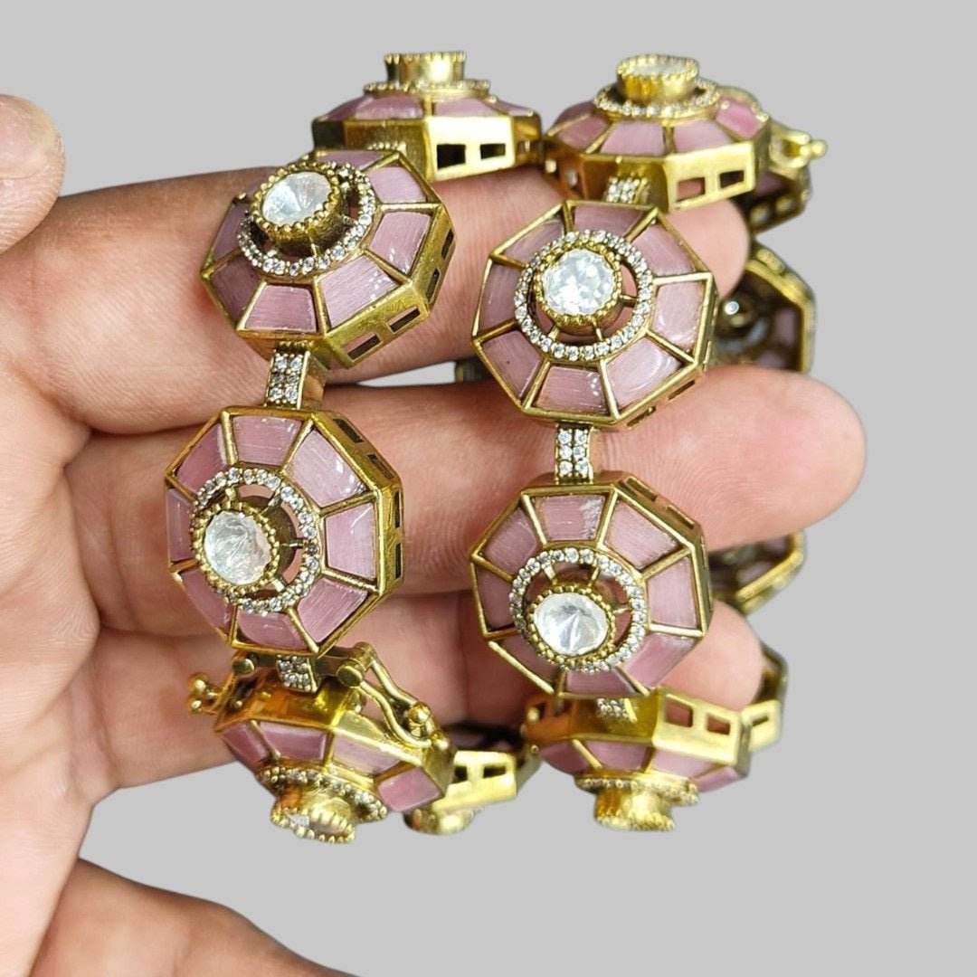 Elegant Pink Octagon Bangles with Kundan Stones & Gold-Plated Finish for Women - Auraa Trends