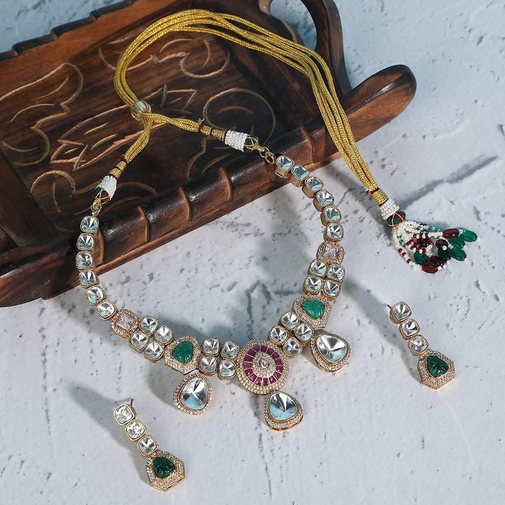 Elegant Polki Necklace Set with Ruby and Emerald Accents - Auraa Trends