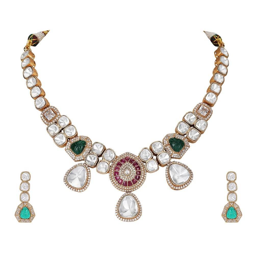 Elegant Polki Necklace Set with Ruby and Emerald Accents - Auraa Trends
