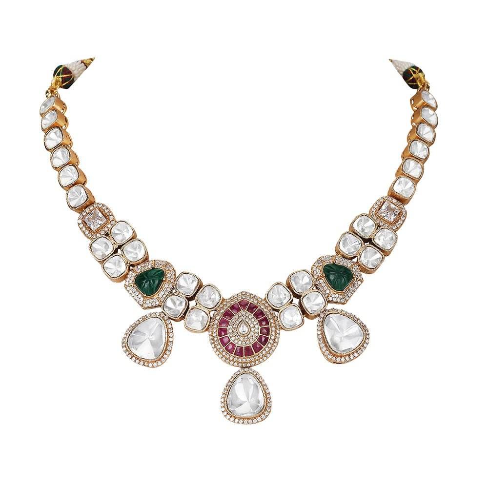 Elegant Polki Necklace Set with Ruby and Emerald Accents - Auraa Trends