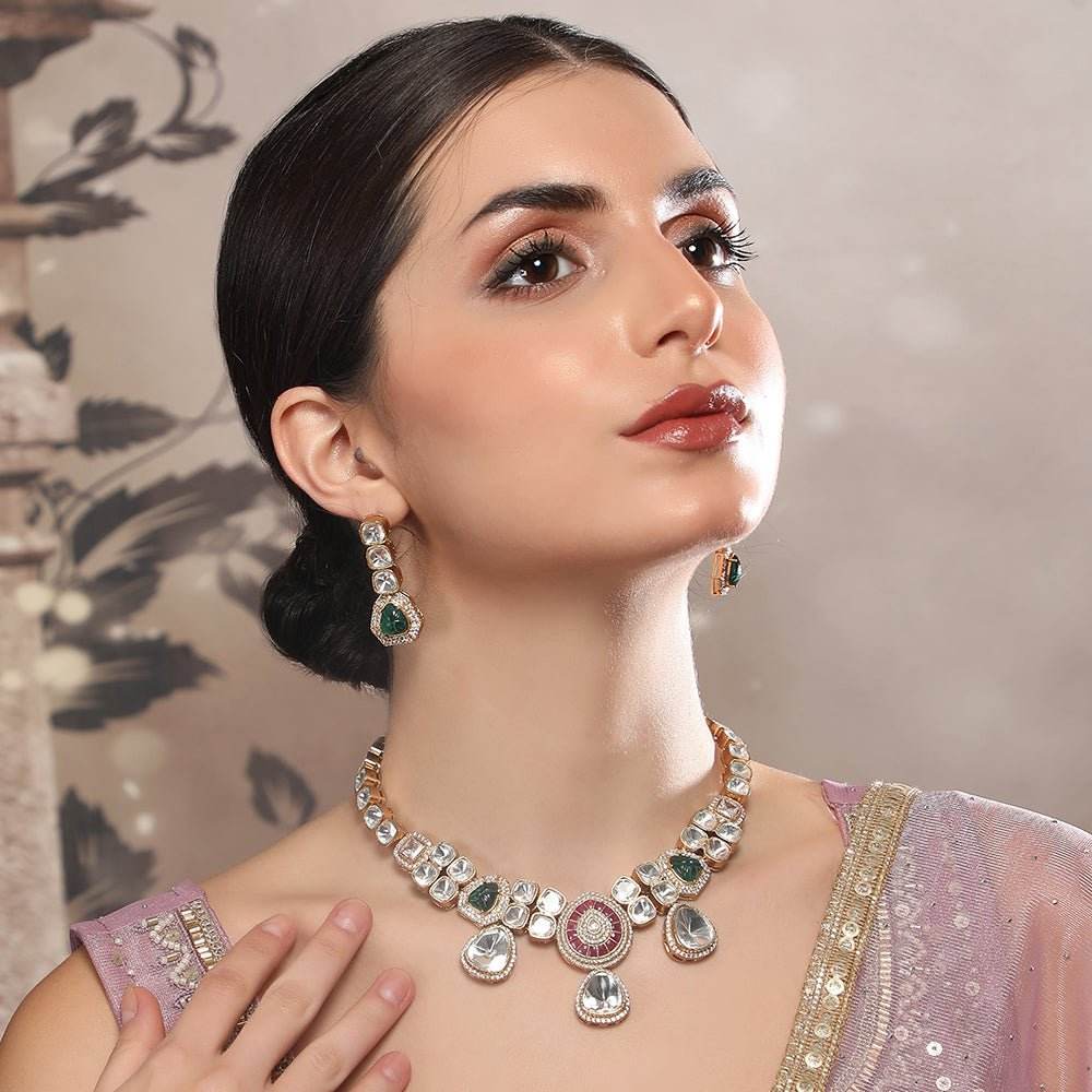 Elegant Polki Necklace Set with Ruby and Emerald Accents - Auraa Trends