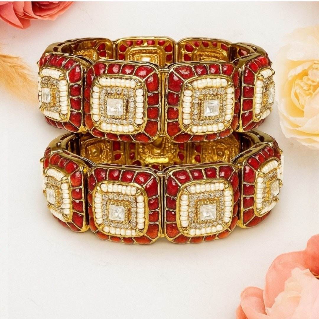 Elegant Red and White Enamel Traditional Kundan Bracelet Set with Square Shaped Stones - Auraa Trends