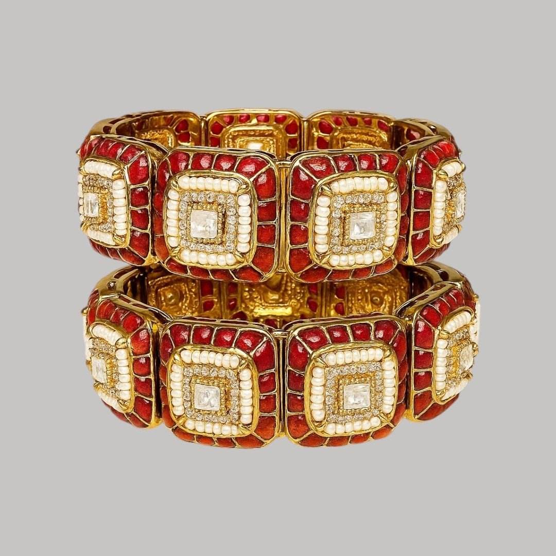 Elegant Red and White Enamel Traditional Kundan Bracelet Set with Square Shaped Stones - Auraa Trends