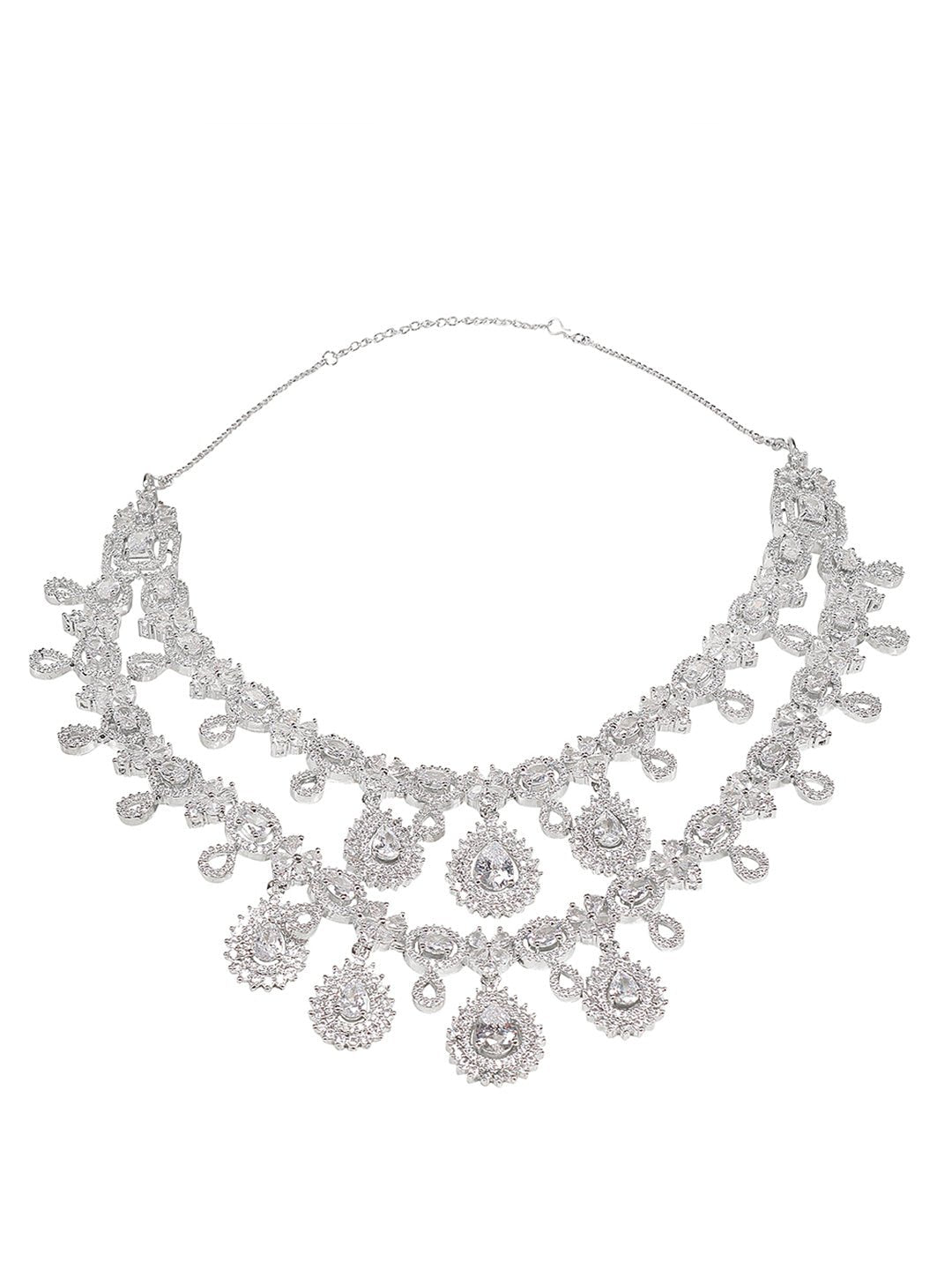 Elegant Rhodium-Plated White American Diamond Necklace Set - Auraa Trends - AD - Moissanite Necklace Necklace
