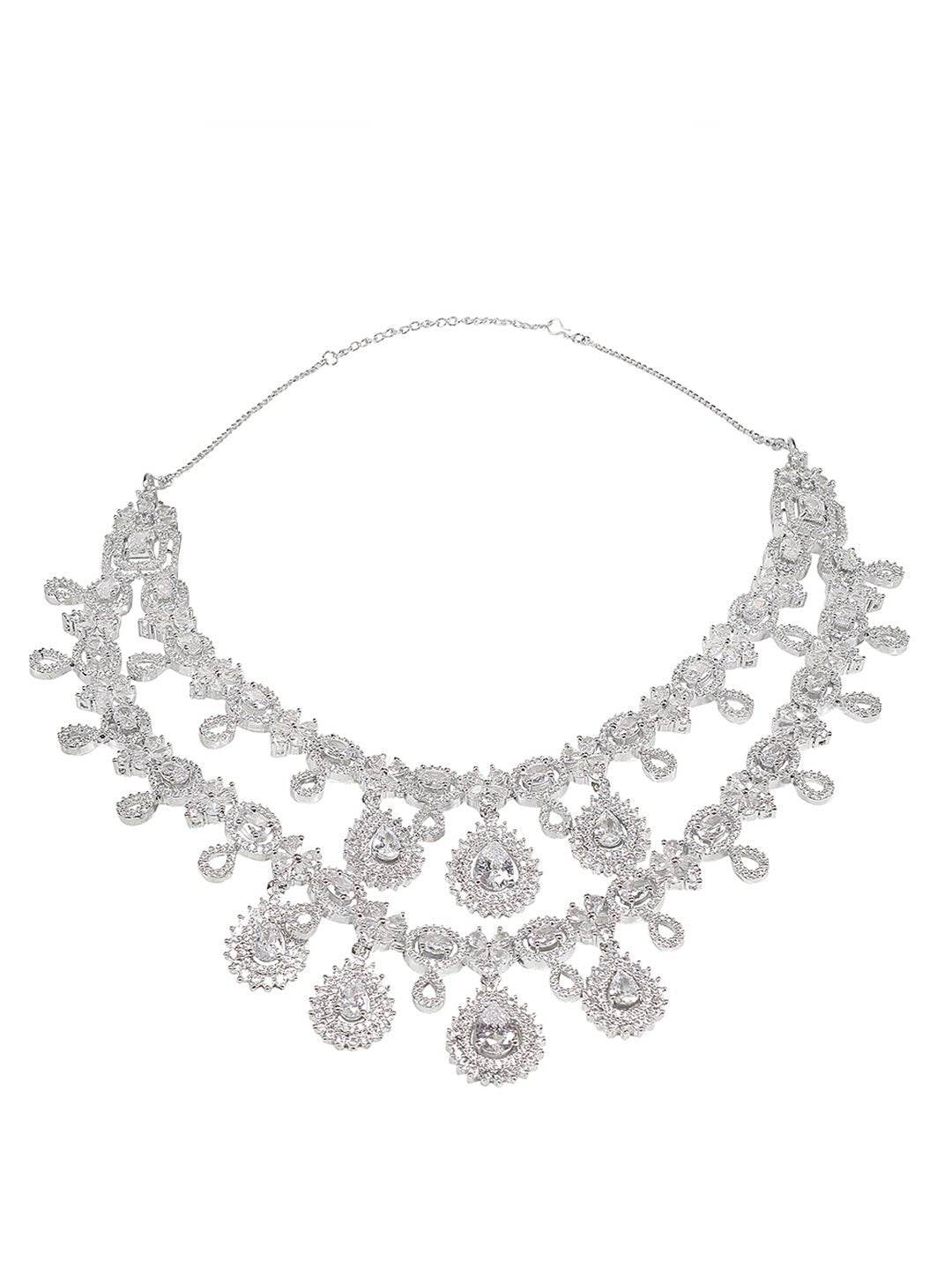 Elegant Rhodium-Plated White American Diamond Necklace Set - Auraa Trends