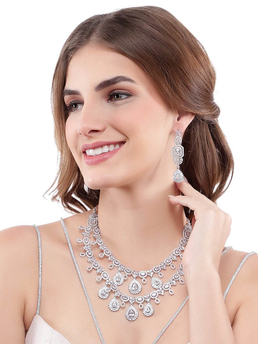 Elegant Rhodium-Plated White American Diamond Necklace Set - Auraa Trends
