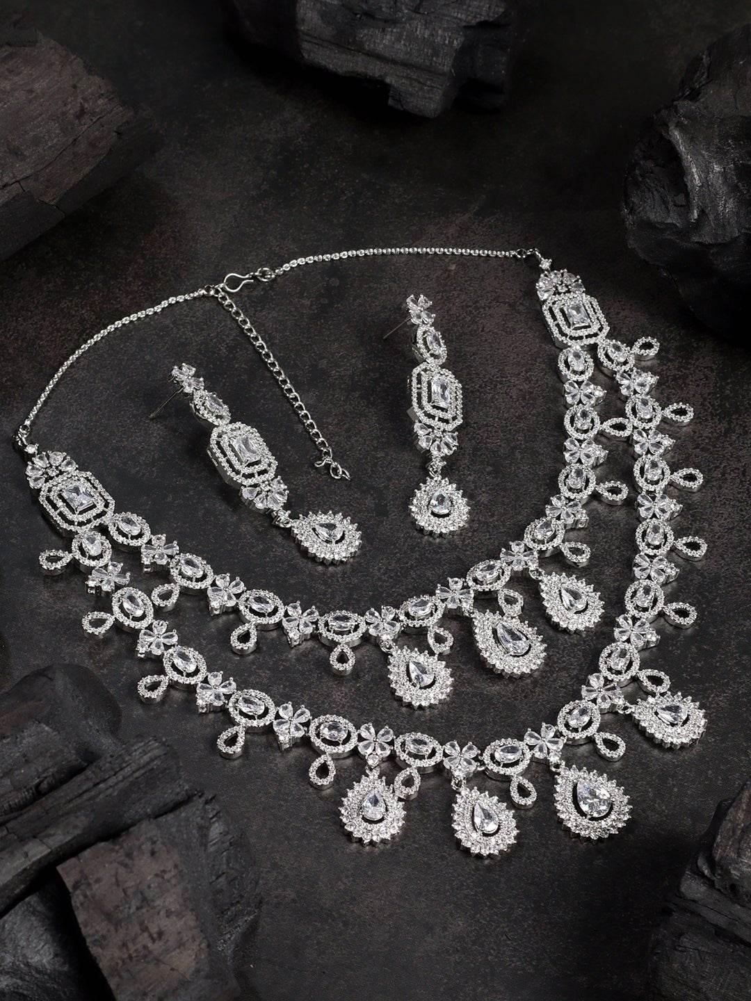 Elegant Rhodium-Plated White American Diamond Necklace Set - Auraa Trends