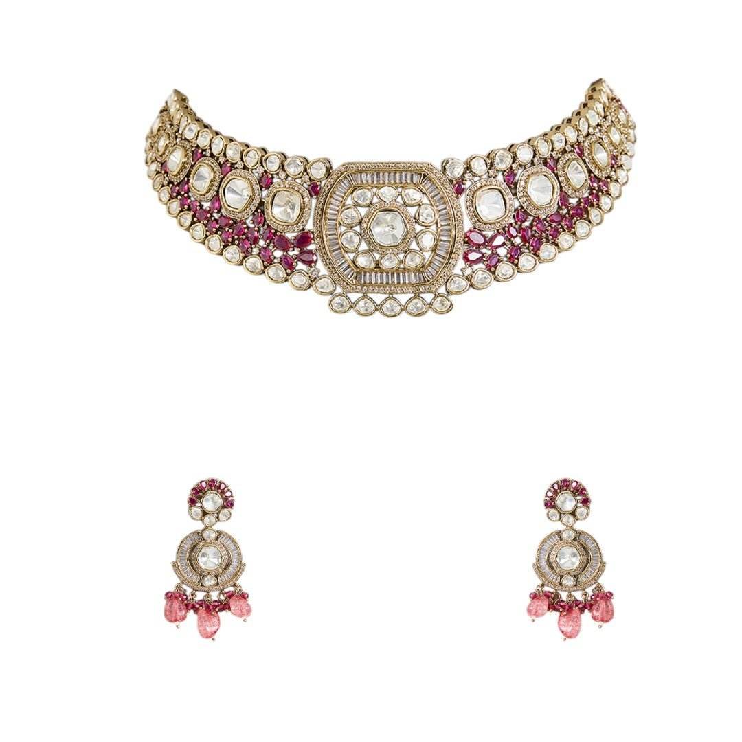 Elegant Ruby and White Stone Choker Necklace with Matching Earrings for Weddings and Celebrations - Auraa Trends