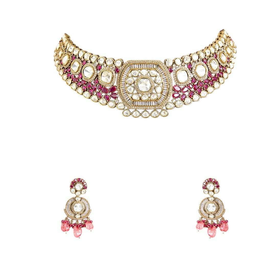 Elegant Ruby and White Stone Choker Necklace with Matching Earrings for Weddings and Celebrations - Auraa Trends