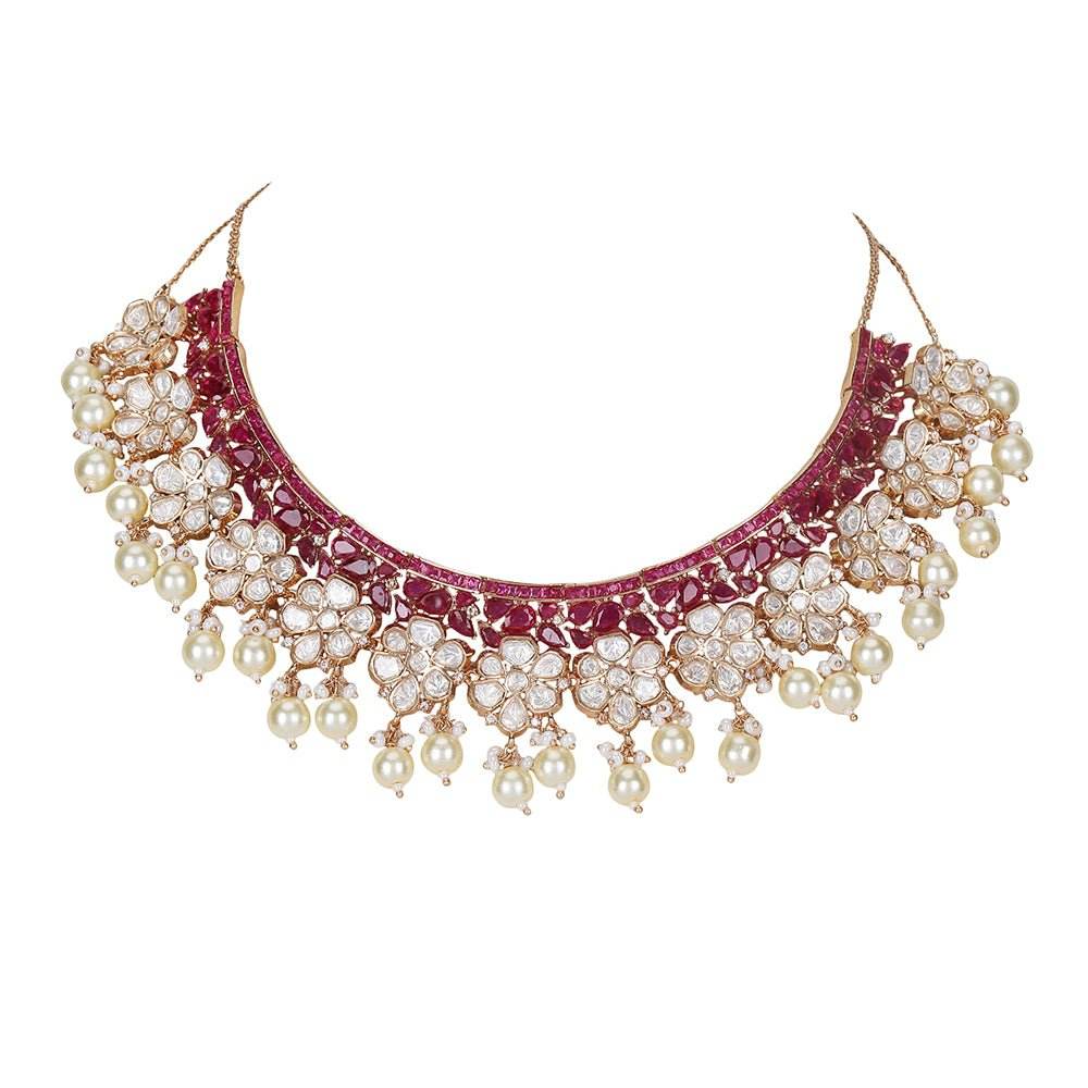 Elegant Ruby Kundan Bridal Choker Necklace Set with Maangtikka - Auraa Trends