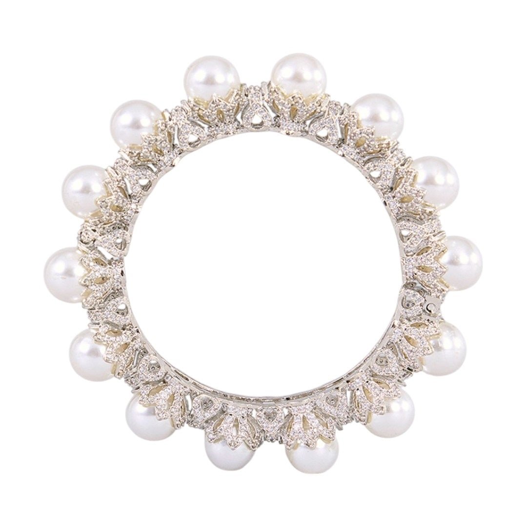 Elegant Silver - Toned Pearl Embellished Designer Bangle for Women - Auraa Trends - Bangles - - Auraa Trends - "Silver - toned rigid bangle embellished with faux pearls and intricate zircon design for women"