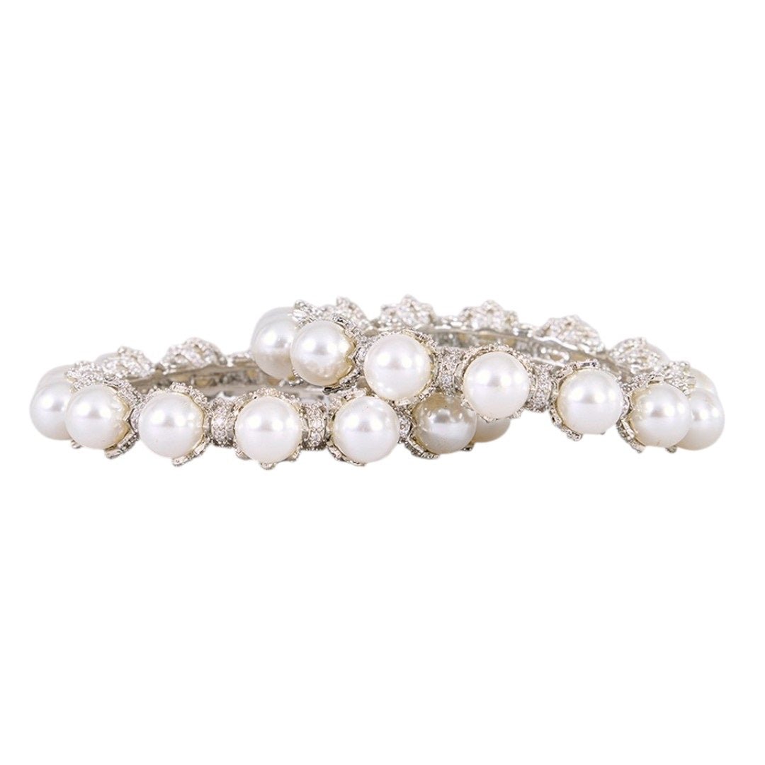 Elegant Silver - Toned Pearl Embellished Designer Bangle for Women - Auraa Trends - Bangles - - Auraa Trends - "Silver - toned rigid bangle embellished with faux pearls and intricate zircon design for women"