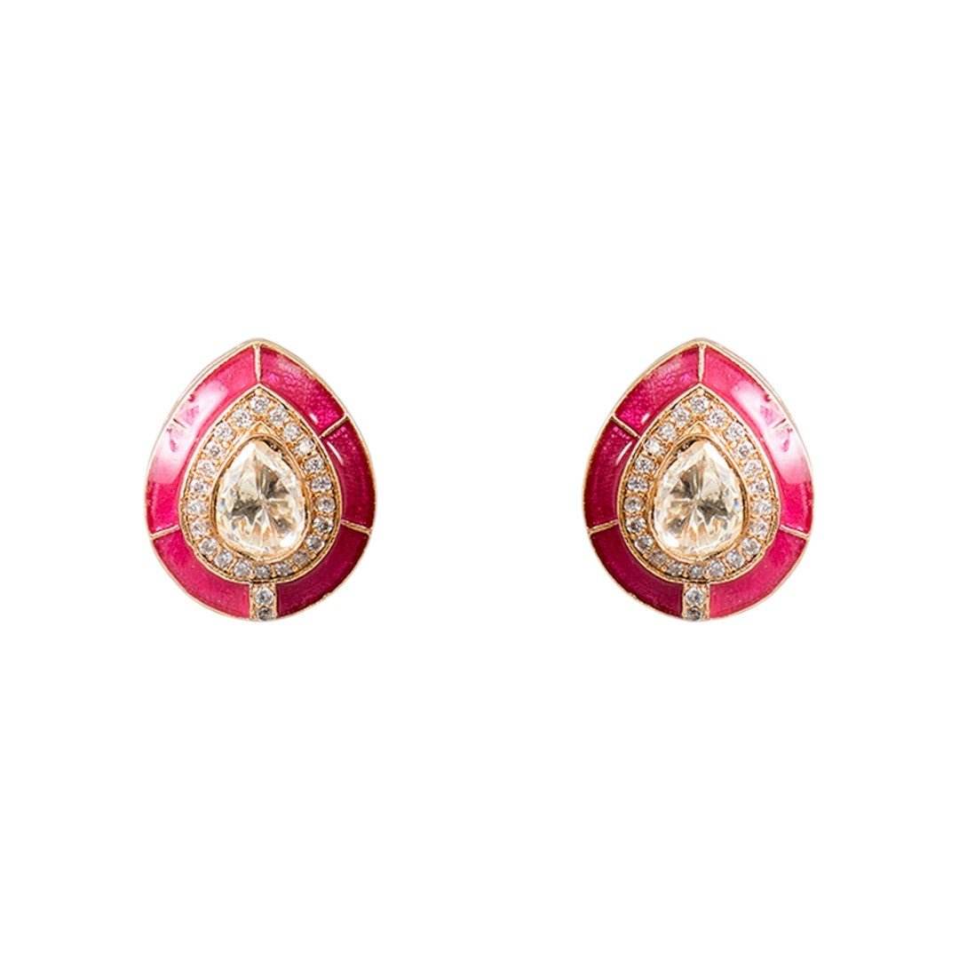 Elegantly Ruby Red Stud Earrings with Gold and Crystal Accents - Auraa Trends