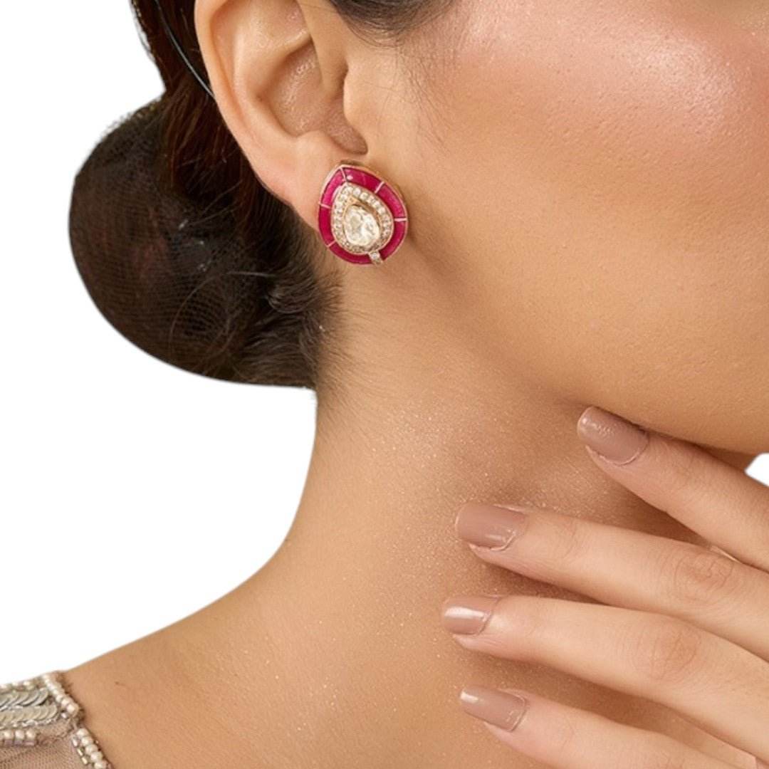 Elegantly Ruby Red Stud Earrings with Gold and Crystal Accents - Auraa Trends