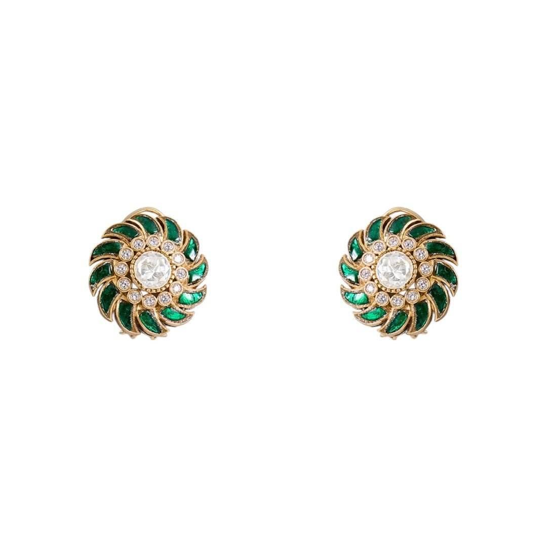 Emerald and CZ Bold Spiral Choker Necklace Set with Stud Earrings - Auraa Trends