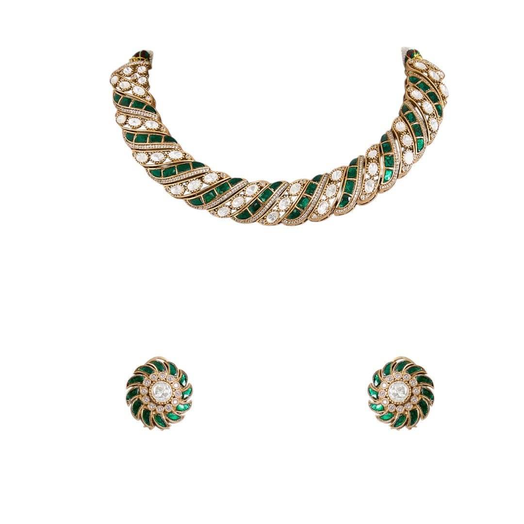 Emerald and CZ Bold Spiral Choker Necklace Set with Stud Earrings - Auraa Trends