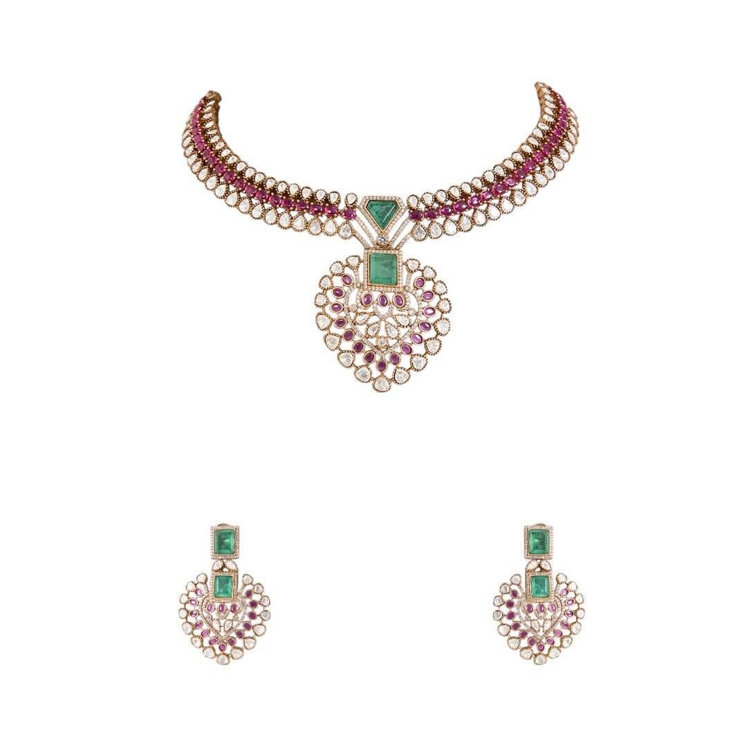 Emerald and Ruby Kundan Heart Pendant Choker Set - Auraa Trends