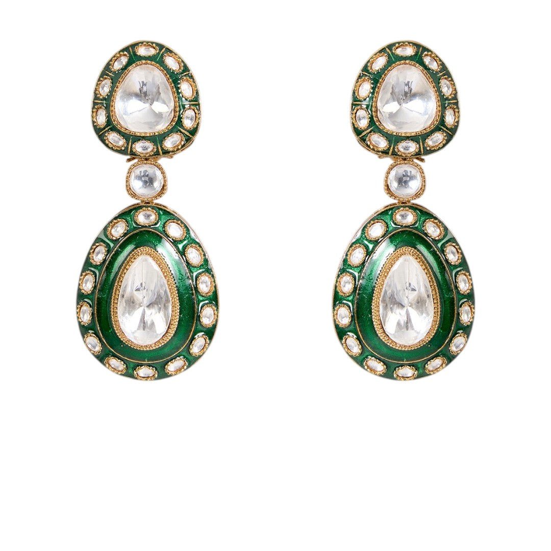 Emerald Green & Kundan Pearl Bridal Necklace Set - Auraa Trends - Necklace - Antique gold bridal jewelry Ethnic Earrings