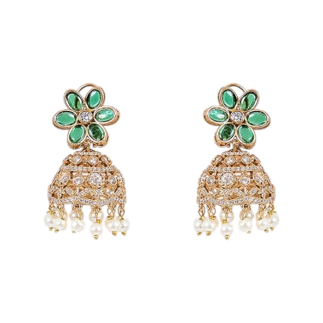 Emerald Green Beaded Choker Necklace Set with Gold - Plated Floral Jhumka Earrings - Auraa Trends - Necklace Set - - Auraa Trends - Emerald Green Beaded Choker Necklace Set with Gold - Plated Floral Jhumka Earrings