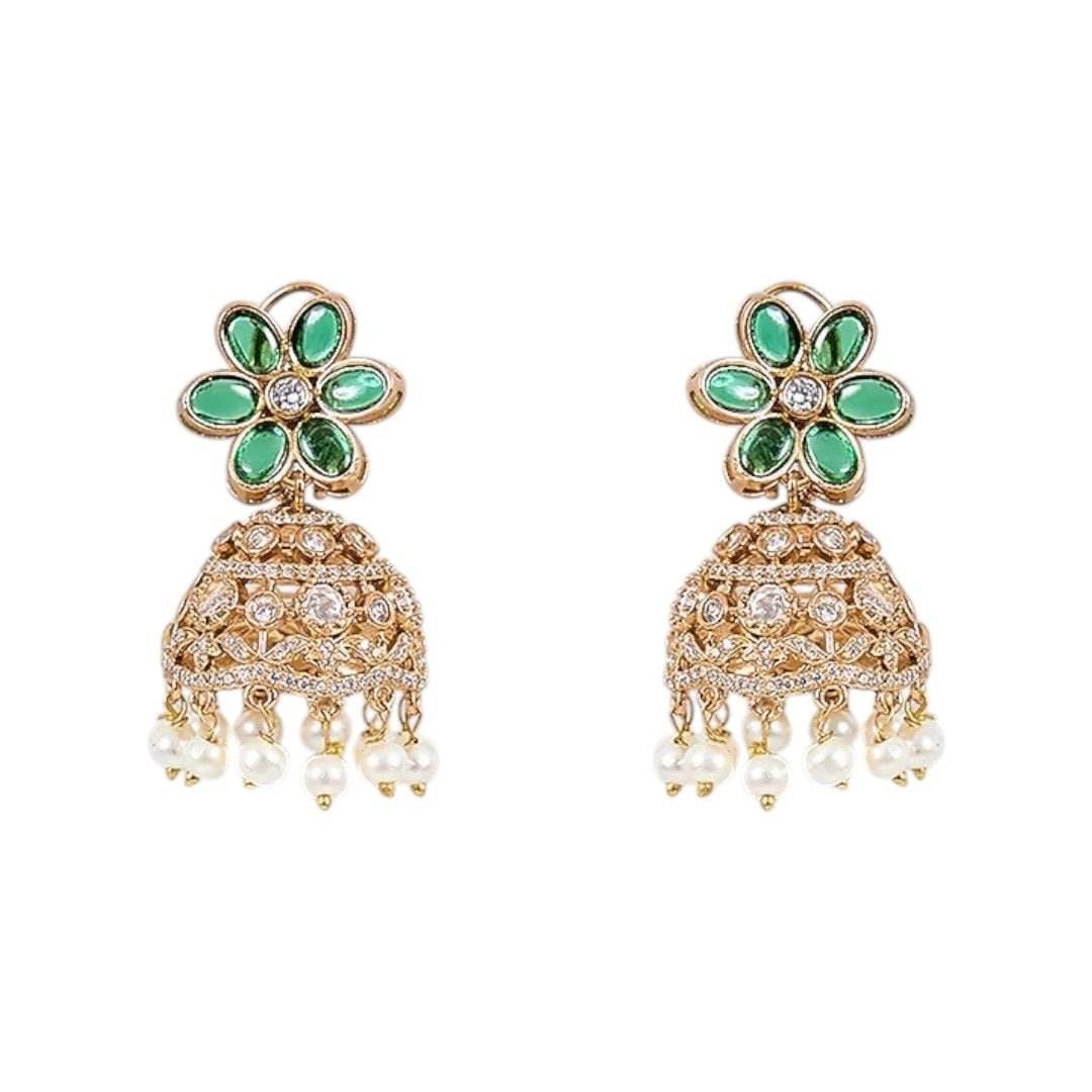 Emerald Green Beaded Choker Necklace Set with Gold-Plated Floral Jhumka Earrings - Auraa Trends