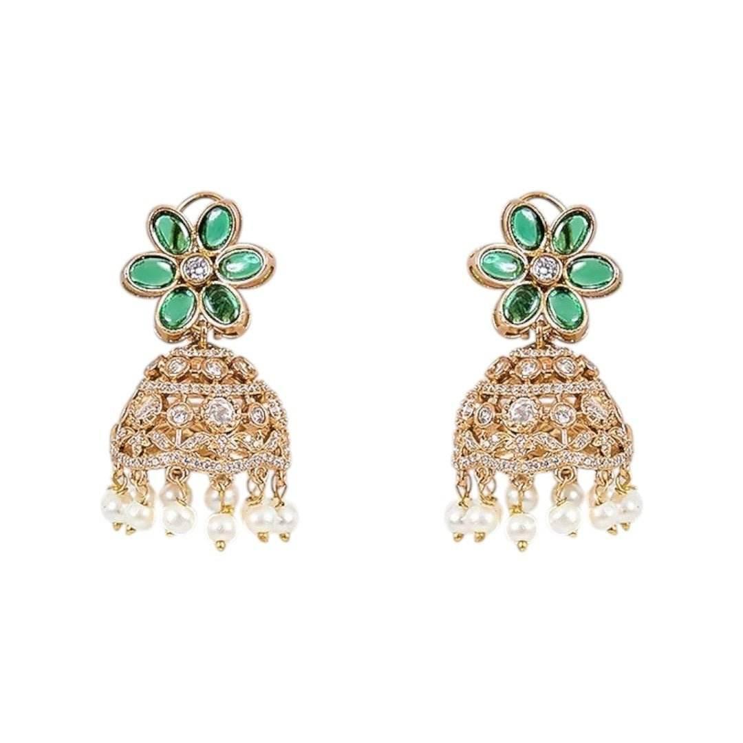 Emerald Green Beaded Choker Necklace Set with Gold-Plated Floral Jhumka Earrings - Auraa Trends