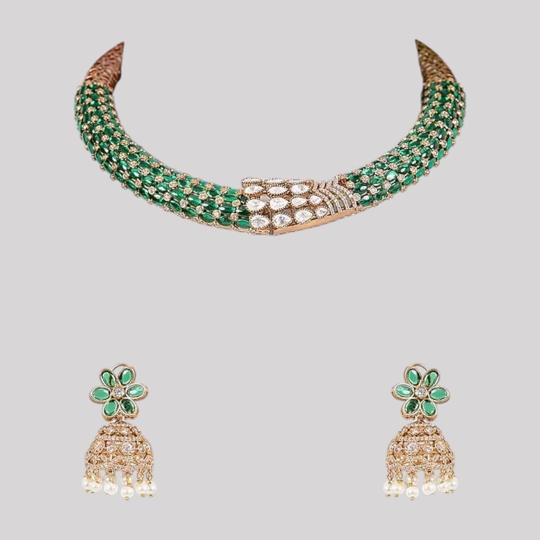Emerald Green Beaded Choker Necklace Set with Gold - Plated Floral Jhumka Earrings - Auraa Trends - Necklace Set - - Auraa Trends - Emerald Green Beaded Choker Necklace Set with Gold - Plated Floral Jhumka Earrings