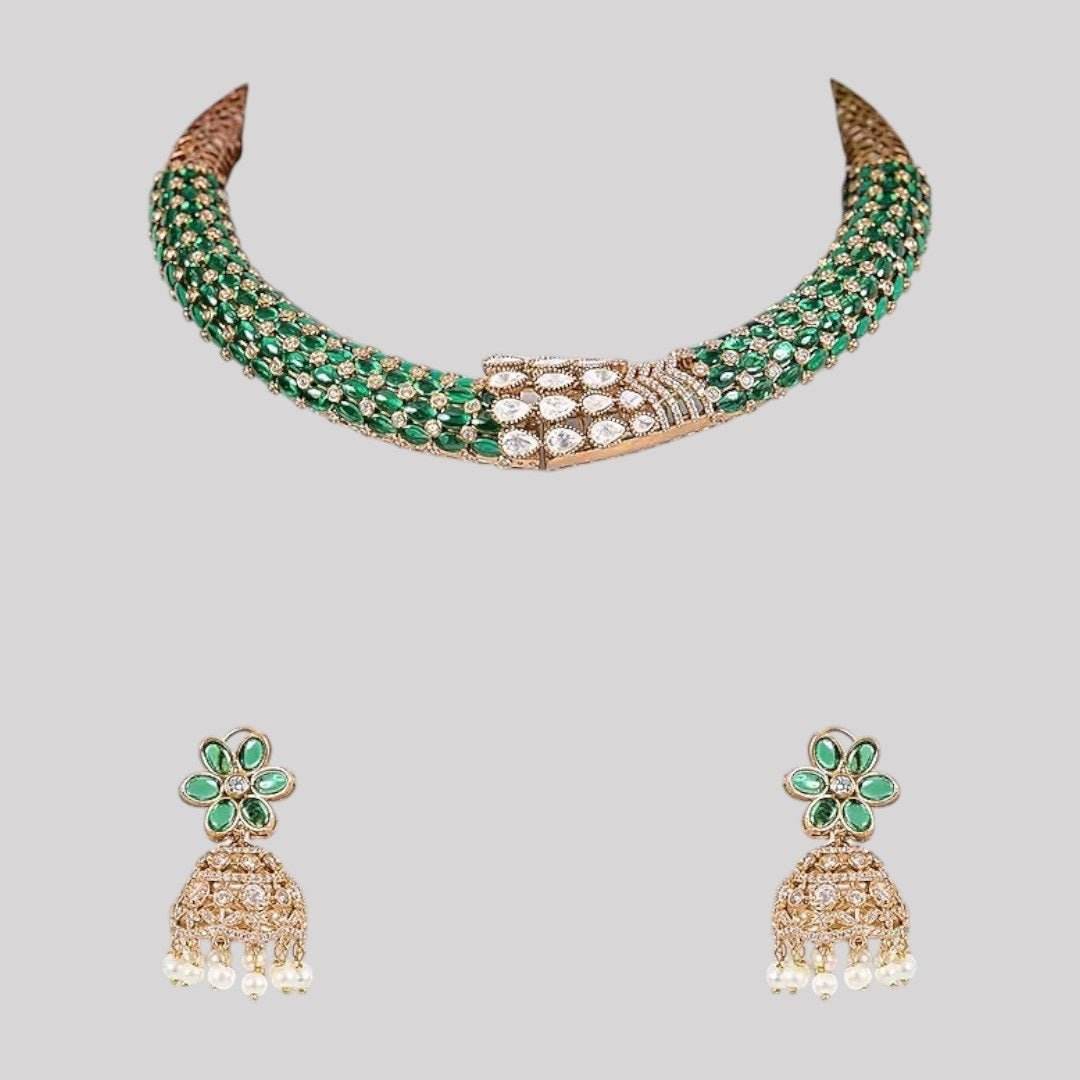 Emerald Green Beaded Choker Necklace Set with Gold-Plated Floral Jhumka Earrings - Auraa Trends